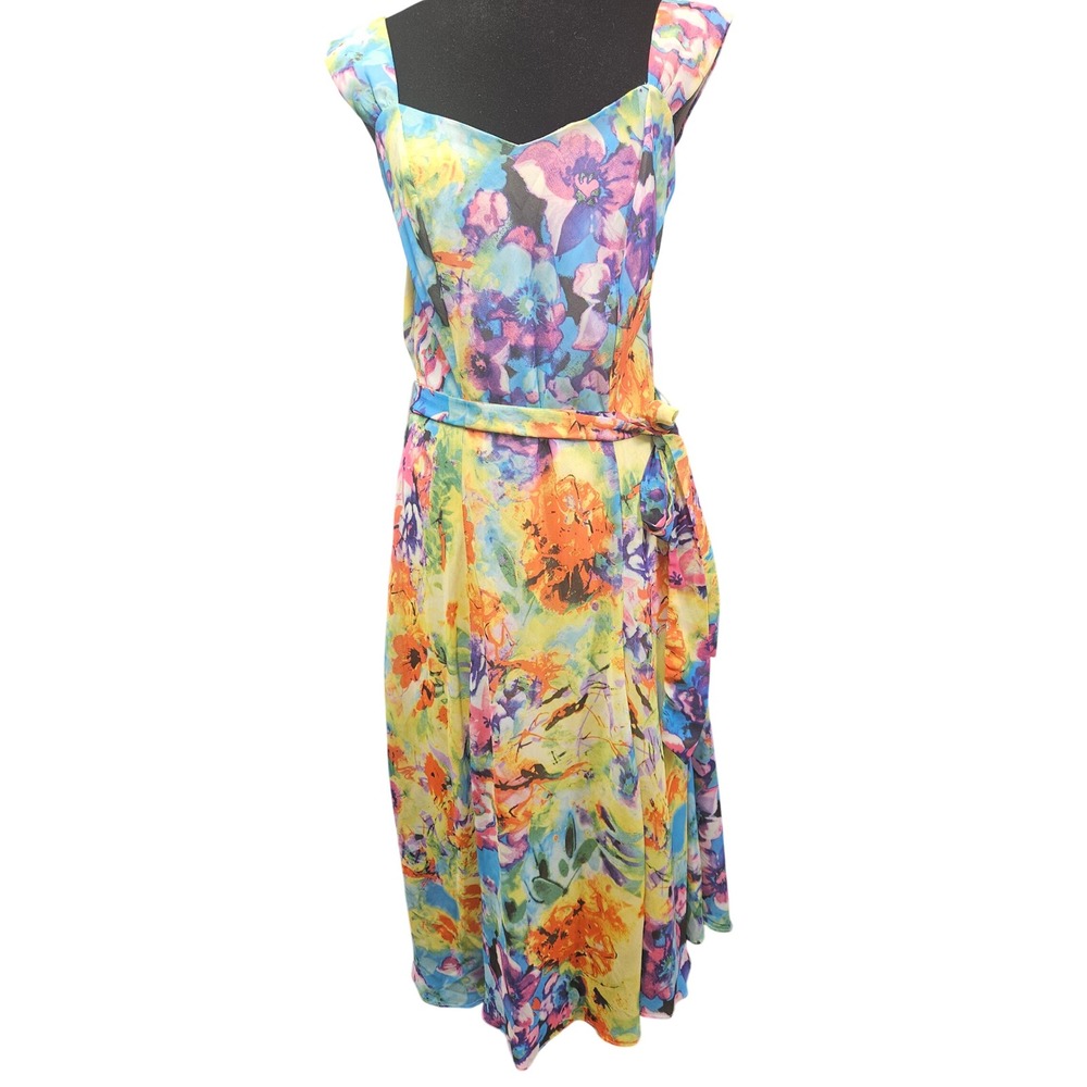 Robbie Bee Floral Watercolor Sleeveless Midi Dress Blue Orange Yellow Size 12